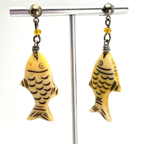 Antique Carved Bone Fish Dangle Earrings Engraved Design Post Backs 2.5" Length